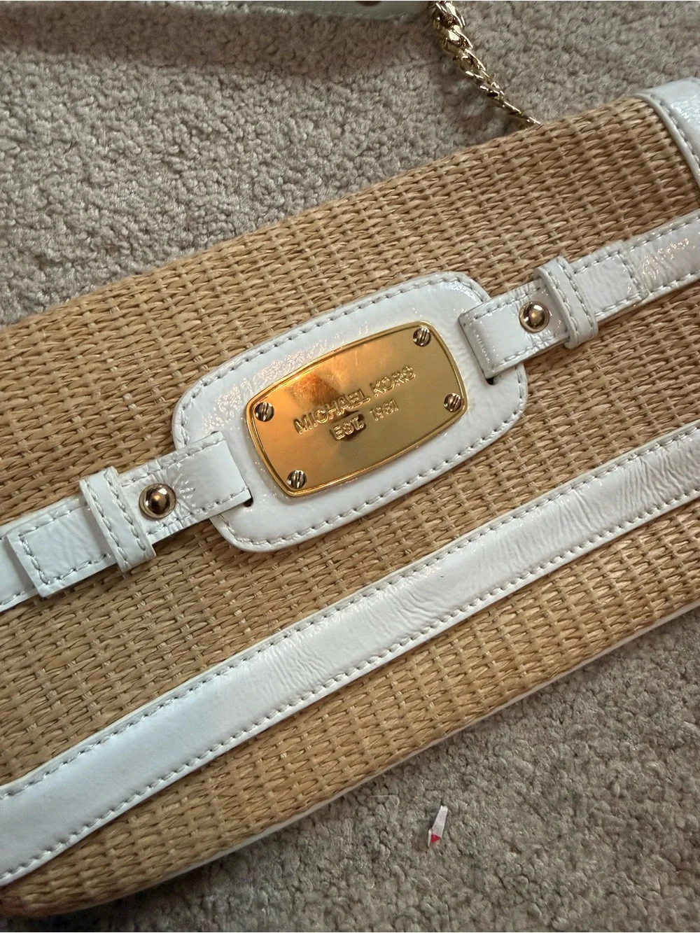 Michael Kors Natural Straw Shoulder Bag with White Trim & Gold Chain